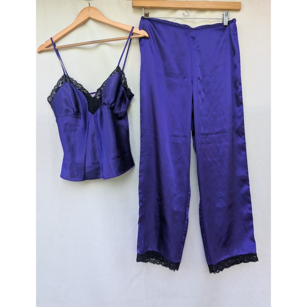 VICTORIAS SECRET Satin Lace Pajama Set Womens S Purple Black Cami Pants Y2K